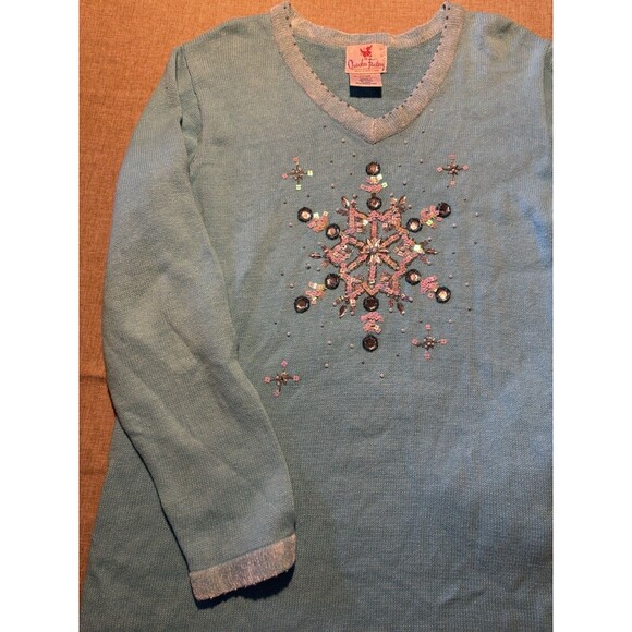 Quacker Factory Sweater Womens Large Blue Sequin Snowflake Holiday Christmas - Picture 4 of 7